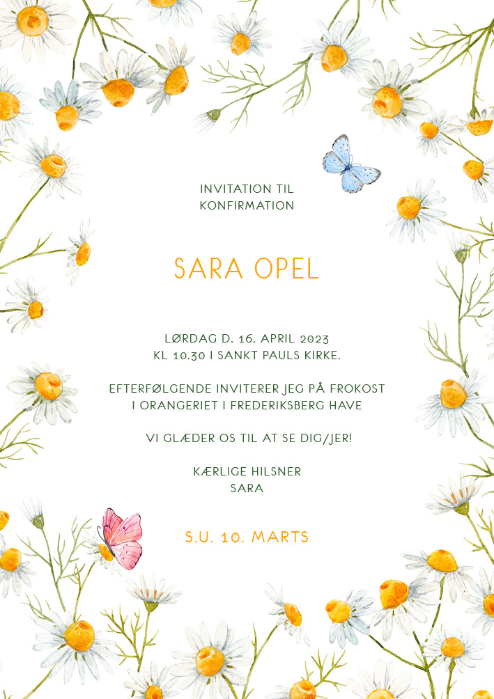 
                Denne fine invitation til konfirmation er dækket med smukke marguerit blomster - og er perfekt til en invitation til en konfirmation i foråret. Benyt bagsiden til flere praktiske oplysninger eller måske et foto af konfirmanden. Det er også populært at skrive en ønskeliste for konfirmanden. Til konfirmation invitationen findes alt det relaterede festpynt I har brug for i samme design til jeres konfirmation i form af velkomstskilt, bordoversigt, menukort, bordkort, drinkskort, takkekort mm. således I kan skabe en rød tråd for konfirmationen.                